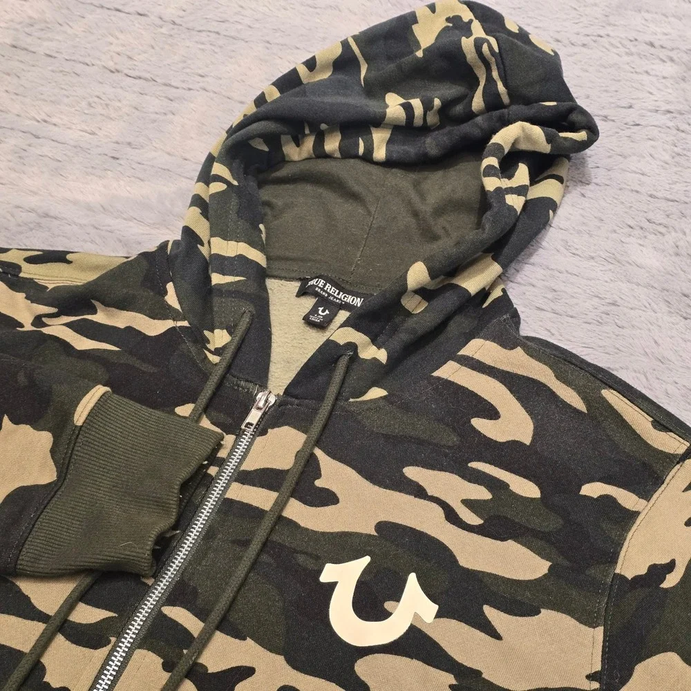 True Religion Mens Camo Buddha Logo Zip Up Hoodie Green Brown Large